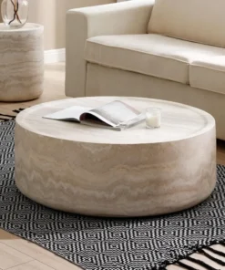 Round Coffee Table, 39.37” Tea Faux Travertine Textured Tables Fiberglass Side Tables End Table for Living Room, Apartment