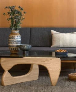 Triangle Glass Coffee Table Modern Noguchi Coffee Table, Vintage Glass, and Wood End Table, Solid Wood Base Accent Coffee Table