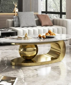 Modern Oval Stone Coffee Table with Abstract Gold Metal Base - Perfect Centerpiece for Stylish Living Rooms-Gold,51"Lx28Wx16.5H