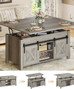 Lift Top Coffee Table, 4 in 1 Multi-Function Convertible Coffee Tables with Storage and Hidden Compartment, Farmhouse Coffee