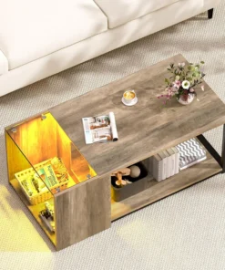 Coffee Table for Small Living Room, Modern Center Tables with Storage, Rectangular Glass Top Table with LED Light, Grey