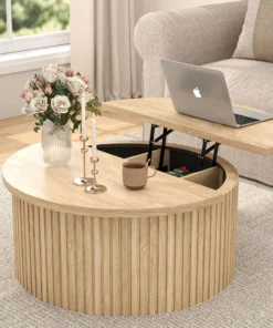 Lift Top Coffee Table with Storage, Round Coffee Tables for Living Room, 34.6'' Farmhouse Fluted Coffee Table, Wood Center Table
