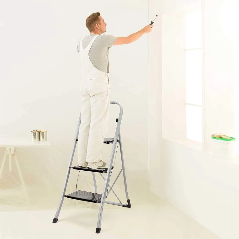 Non-Slip 3 Step Stool Folding Sturdy Steel Wide Step Ladder with Hand Grip and Locking Mechanism for Indoor Household Kitchens - Image 6