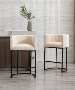 Contemporary Cream Linen Bar Stools Set of 2, 29" Upholstered Fabric Counter Height Barstools Kitchen Counter Island Stools with