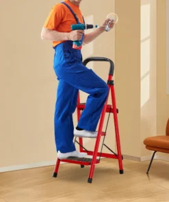 3 Step Folding Ladder Sturdy Steel Ladder 300 Lbs Load Capacity Sturdy& Portable Stepping Stools for RV Attic Daily Use at Home