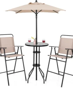 4-Piece Outdoor Bar Set, Round High Top Bar Table with 2 Folding Counter Height Chairs & Umbrella, Patio Bistro Table Set