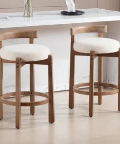Mid Century Modern Bar Stools Set of 2, 26.5" Counter Stools with Back, Linen Upholstered Barstools with Solid Wood Legs Bar