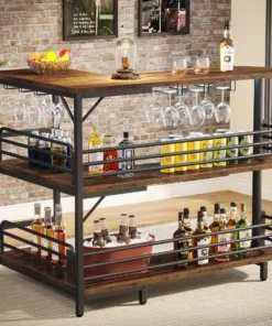 Tribesigns L-Shaped Home Bar Unit, 3 Tier Liquor Bar Table with Storage Shelves and Wine Glasses Holder