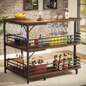 Tribesigns L-Shaped Home Bar Unit, 3 Tier Liquor Bar Table with Storage Shelves and Wine Glasses Holder