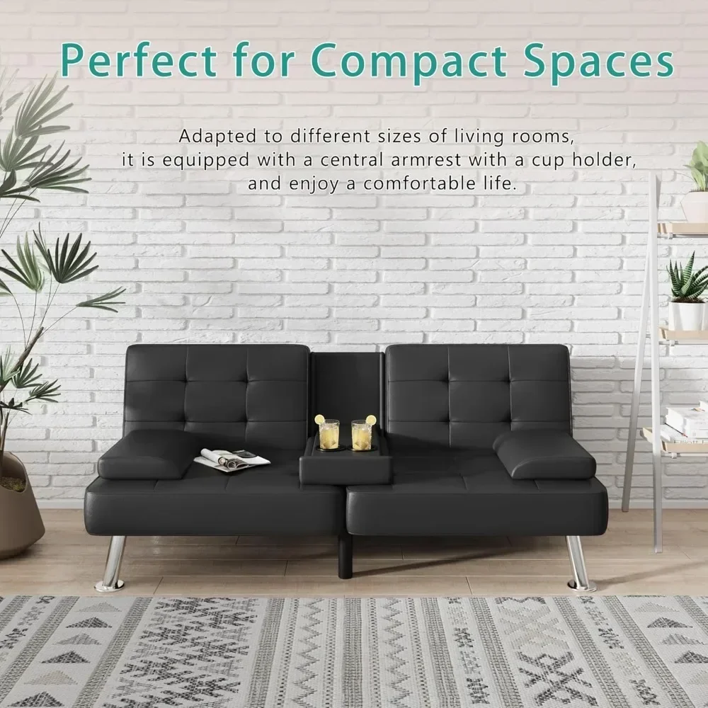 Modern Folding Futon Set Faux Leather Convertible Recliner Lounge for Living Room with 2 Cup Holders, Removable Armrests - Image 2