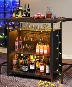 Tribesigns Home Bar Unit Cabinet with Footrest, Industrial 3-Tier Liquor Bar Table with Stemware Rack and Wine Storage