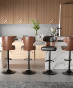 Bar Stool 2Pcs Set Backrest Footstool Dining Chair Solid Wood Rotating Bar Stools Pu Leather Soft Cushion Dinng Chair Home Furniture