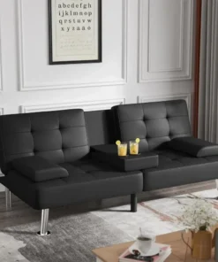 Modern Folding Futon Set Faux Leather Convertible Recliner Lounge for Living Room with 2 Cup Holders, Removable Armrests
