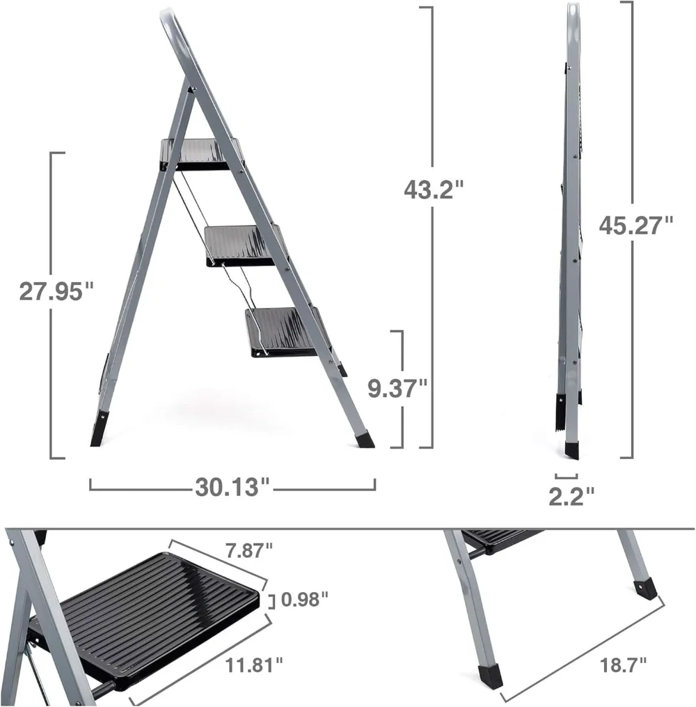 Non-Slip 3 Step Stool Folding Sturdy Steel Wide Step Ladder with Hand Grip and Locking Mechanism for Indoor Household Kitchens - Image 2