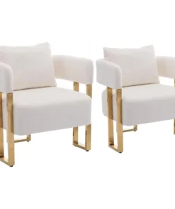 Modern Barrel Accent Chairs Set of 2, Living Room Side Chairs with Golden Metal Legs Soft Teddy Upholstered Reading Armchairs no