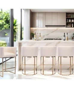 Modern Cream Counter Height Barrel Linen Fabric Upholstered Counter Stools Set of 4, 29 Inch Kitchen Island Stools with Gold Met