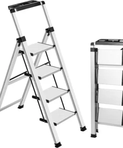 4 Step Ladder, Retractable Handgrip Folding Step Stool with Anti-Slip Wide Pedal, Aluminum Stool Ladders 4 Steps, 330lbs R