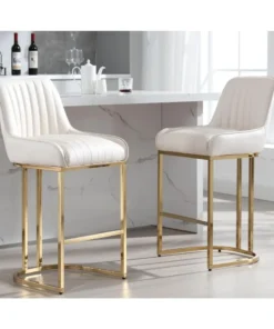 Counter Height Bar Stools Set of 2 with Back Modern Kitchen Counter Stools with Gold Legs Leather Island Chairs Comfy Stripe
