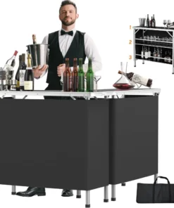 43" Portable Bar Table, 3-Tier Shelves, Mobile Bar Table for Events, Party, Camping, Picnic, Tradeshow, Indoor